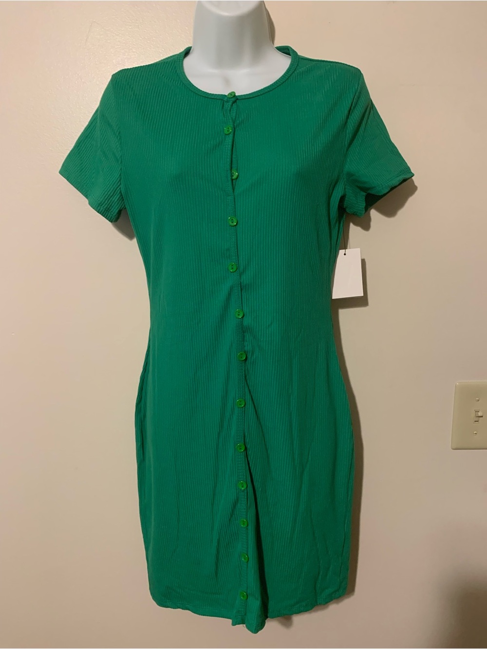 Green Button-Front Ribbed Mini Dress